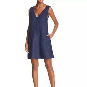 Theory V Neck Sleeveless A-Line 100% Linen Dress In Denim Melange (size S)